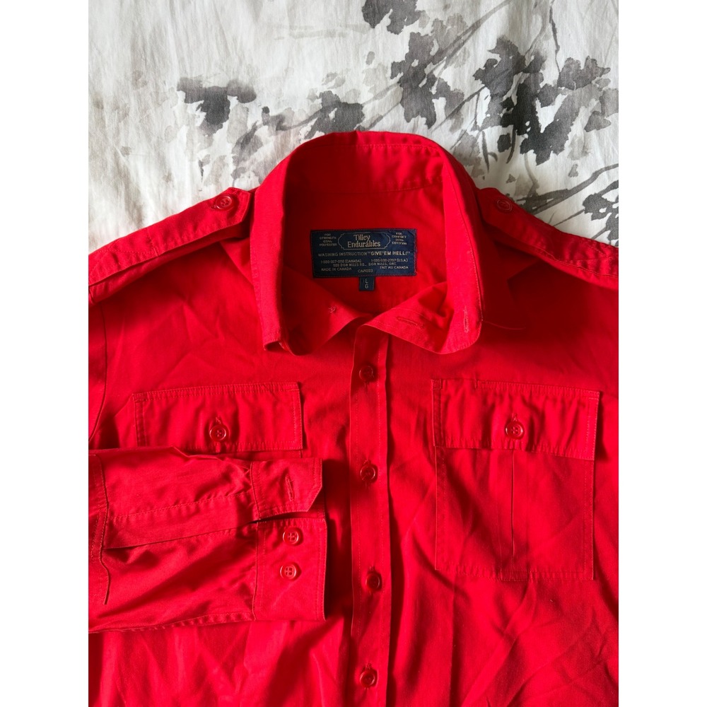 Vintage Tilley Endurables Mens Red Long Sleeve Utility Button Shirt Epaulets